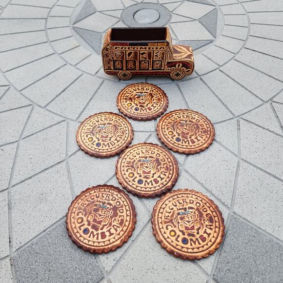 Colombia Folk Art Handcrafted Leather Bus Scalloped Coaster Holder Souvenir - Picture 8 of 11